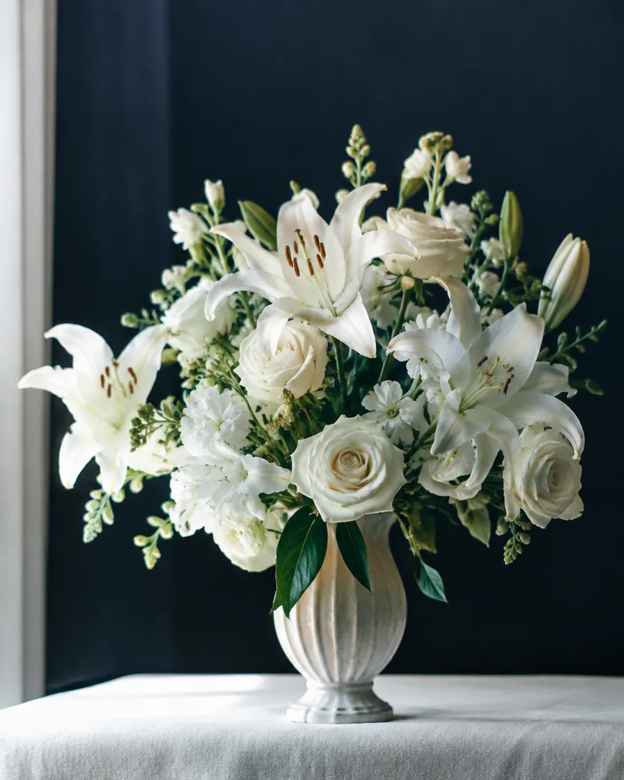 Arreglo de lirios y rosas blancas
